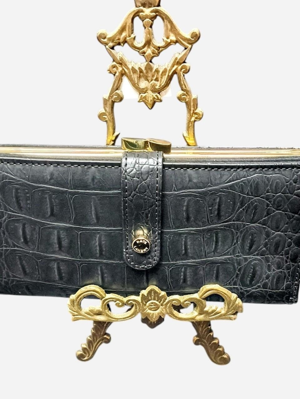 Kate Landry Black Croc-Embossed Wallet‎ Clutch with Gold Hardware